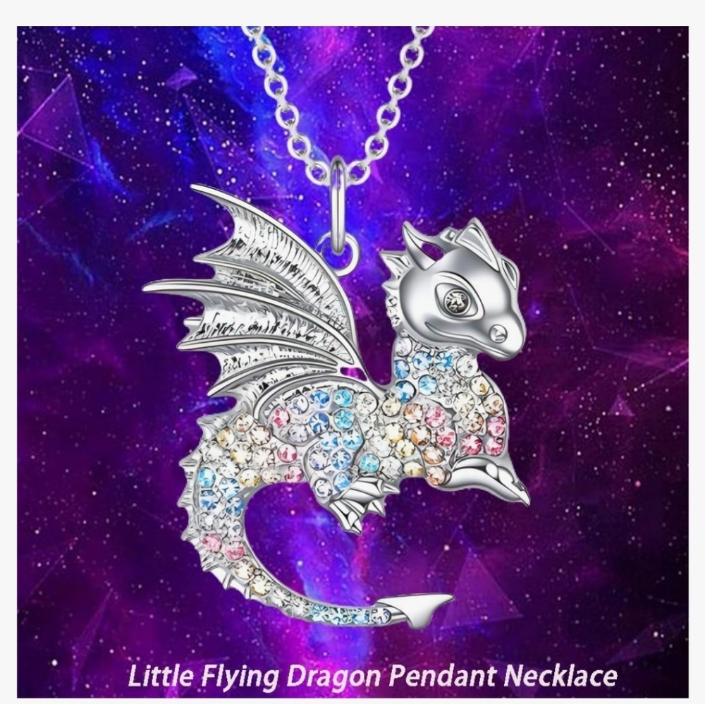 Colorful Crystal Fly Dragon Pendant Necklace for Women Cute Alloy Dragon Animal - Picture 3 of 5